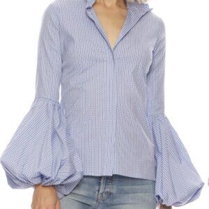 Caroline Constas Designer Blue Pinstripe Puff Sleeve High Neck Blouse Size Small
